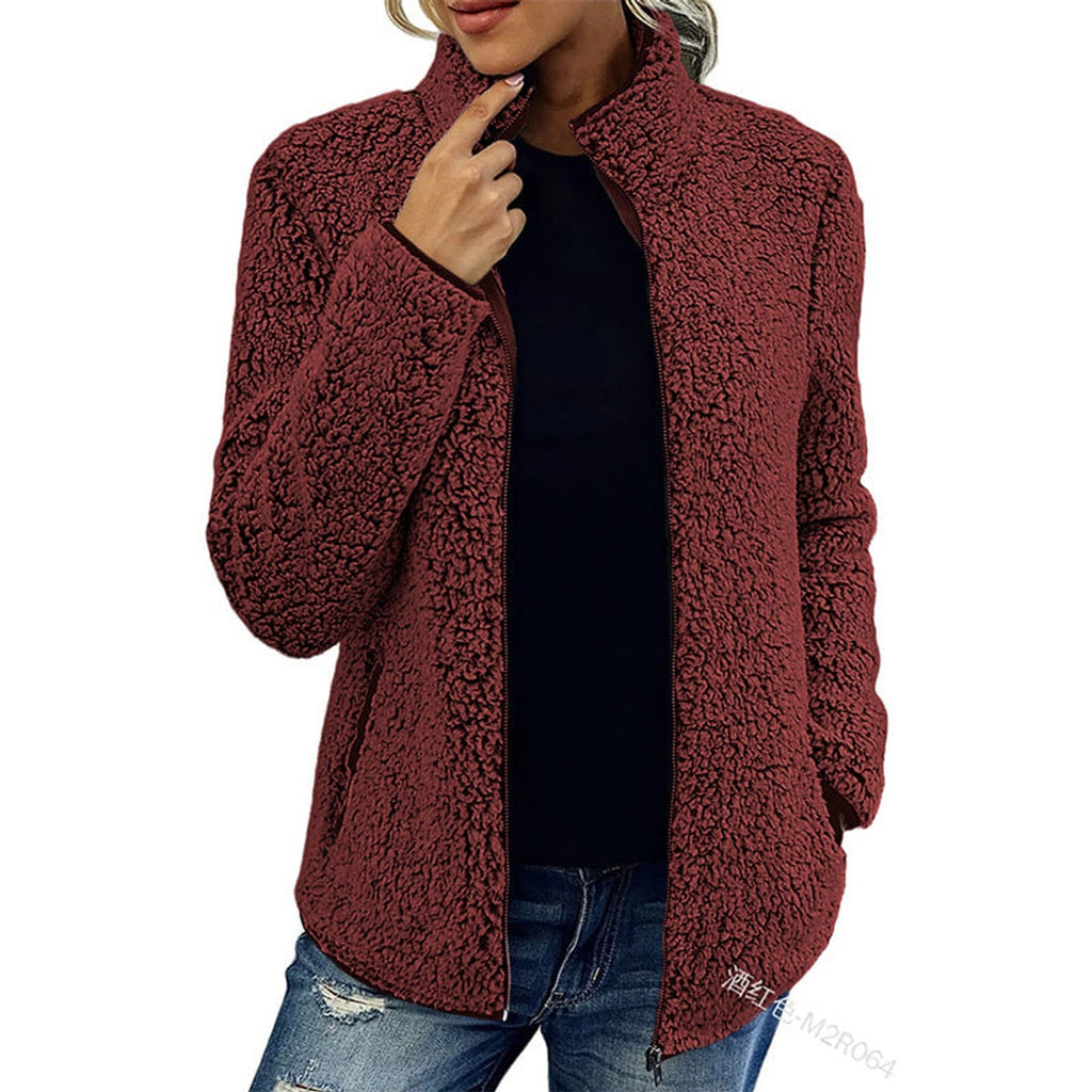women's zip-up teddy jacket with stand collar in wine red