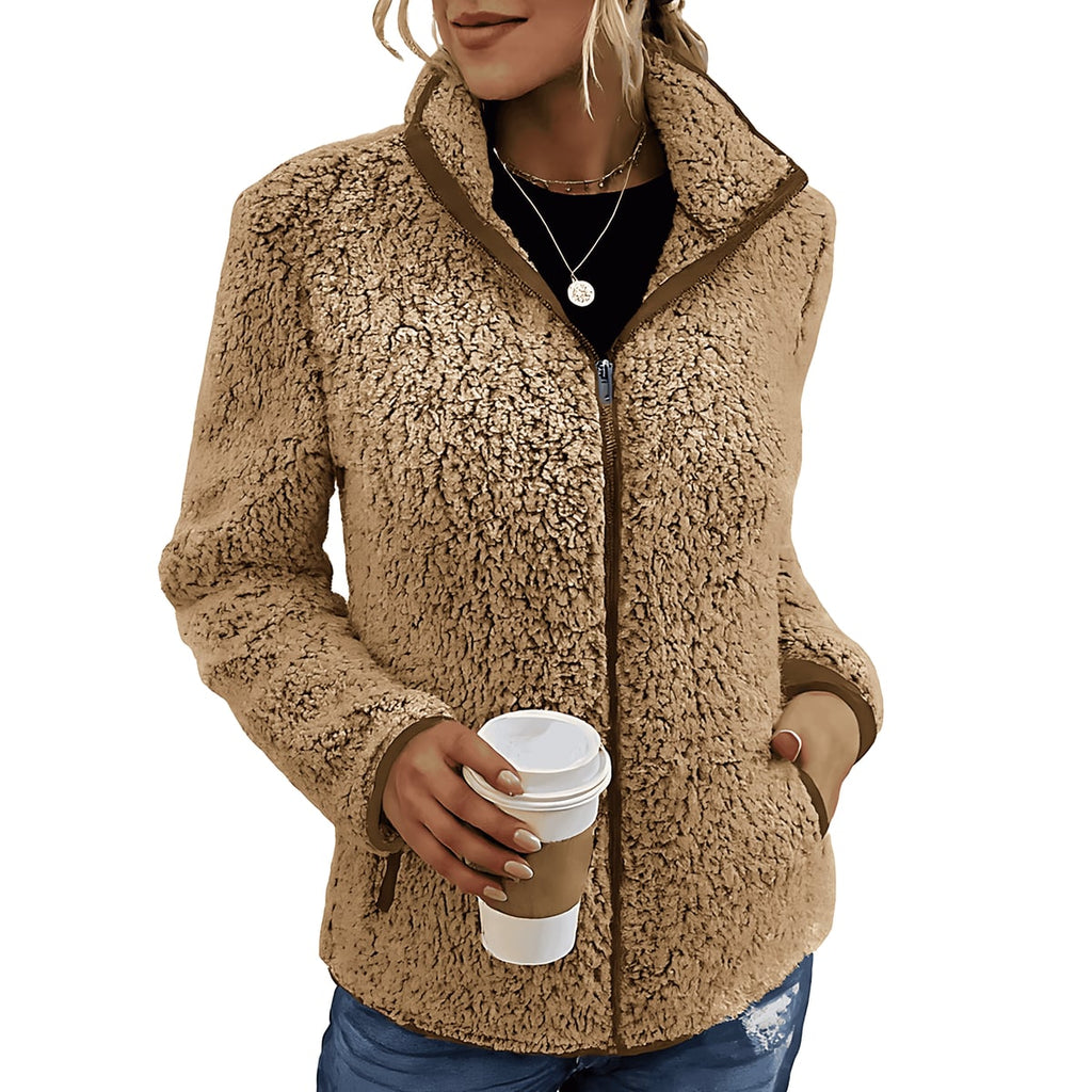 women's zip-up teddy jacket with stand collar in khaki