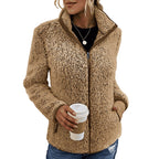women's zip-up teddy jacket with stand collar in khaki