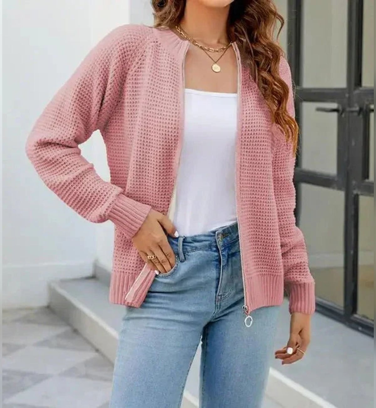 women's zip-up waffle knit cardigan in pink