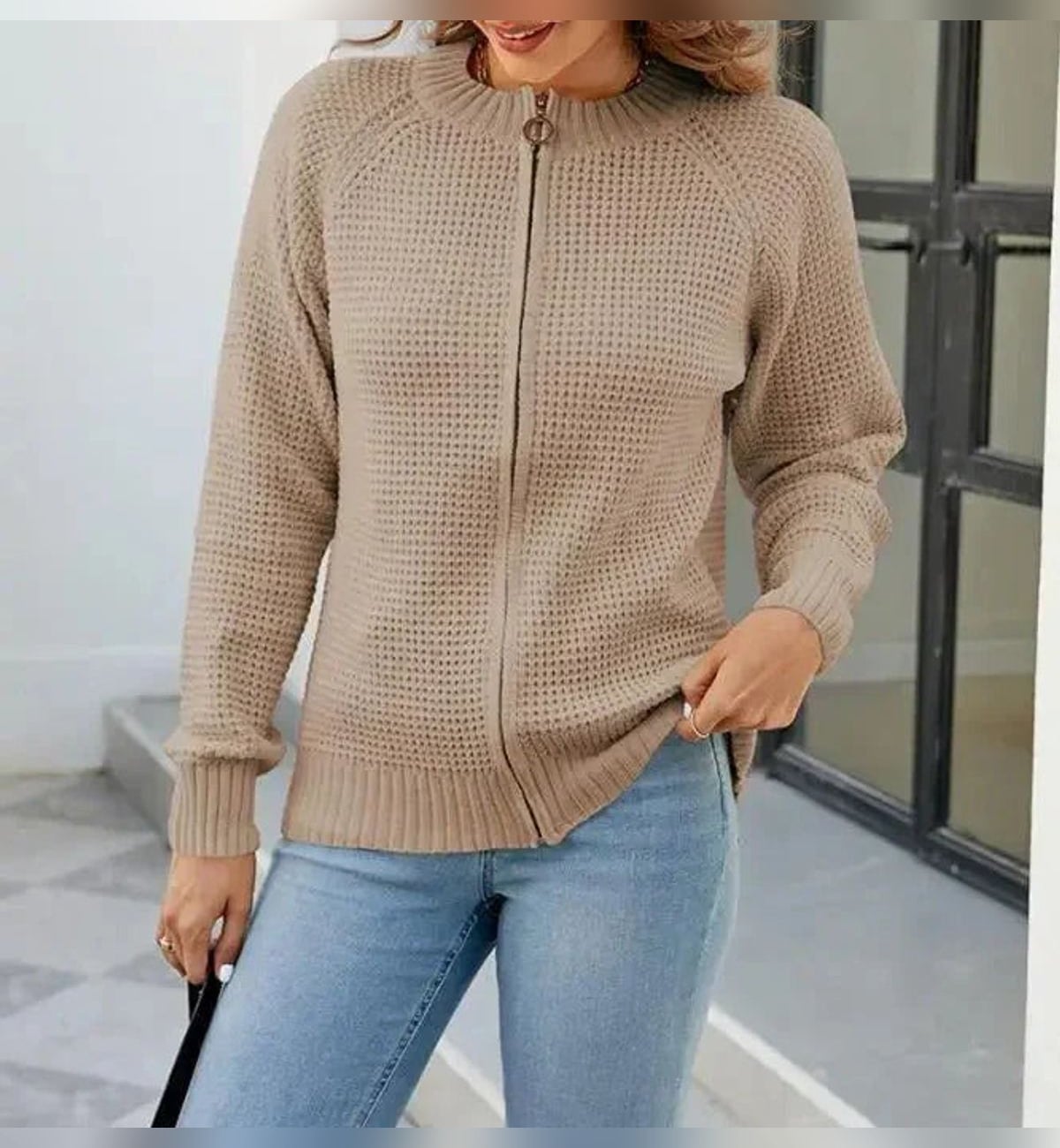 women's zip-up waffle knit cardigan in khaki