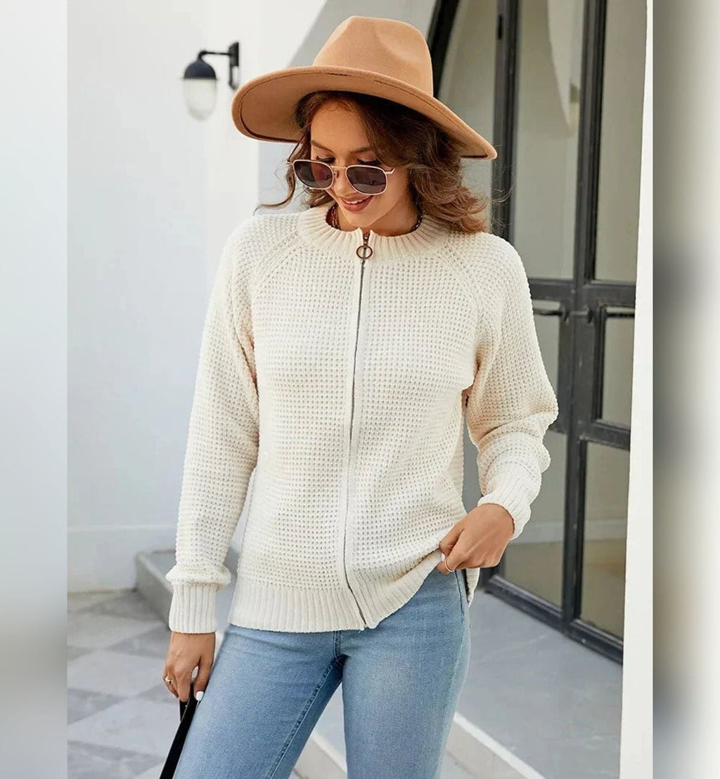 women's zip-up waffle knit cardigan in ivory